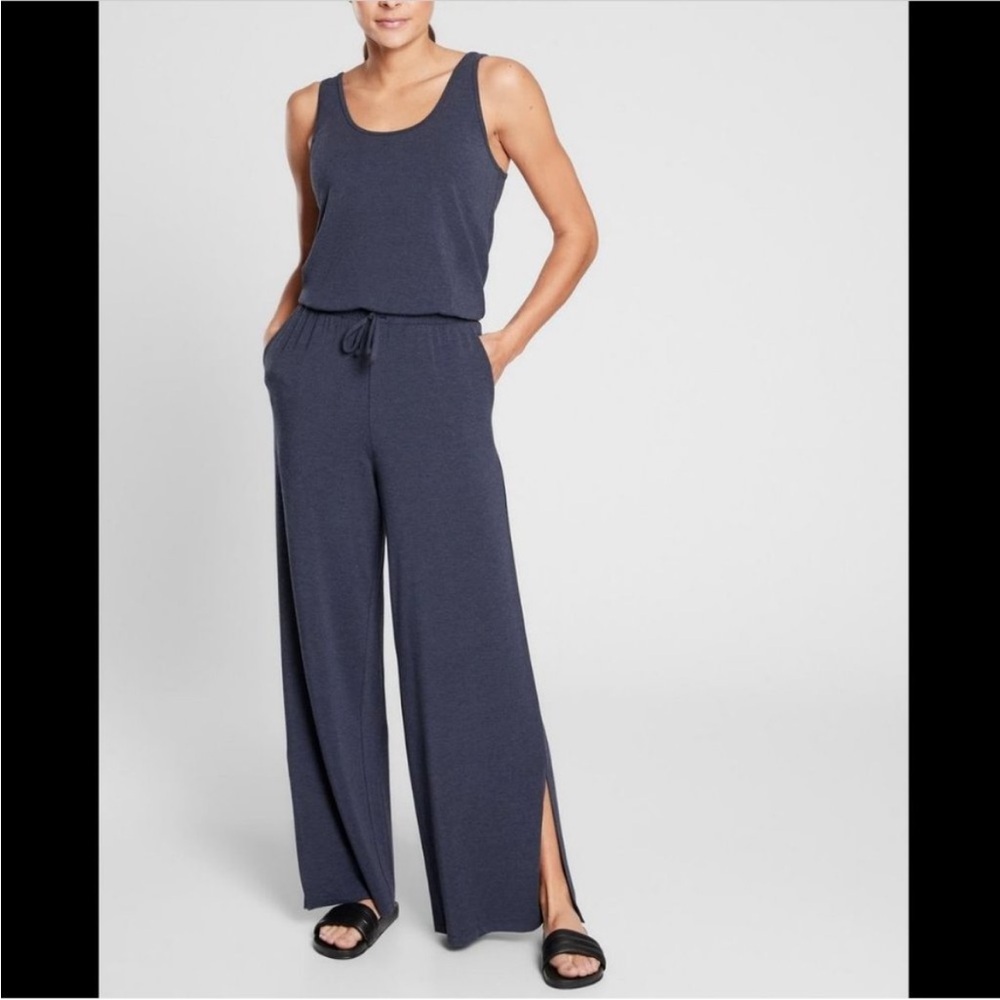 Athleta Wide-Leg Heather Navy 💙Sleeveless Jumpsuit w/ Side Slits Modal Stretch